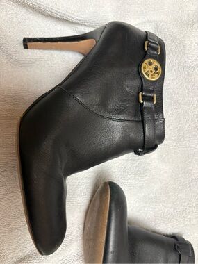 Coach Black Leather Ankle Boot with Gold Accent